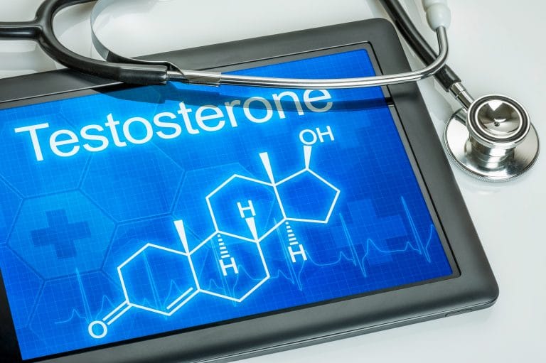 Tablet screen showing testosterone chemical structure.